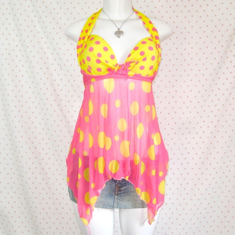 y2k pink yellow polka dot halter top